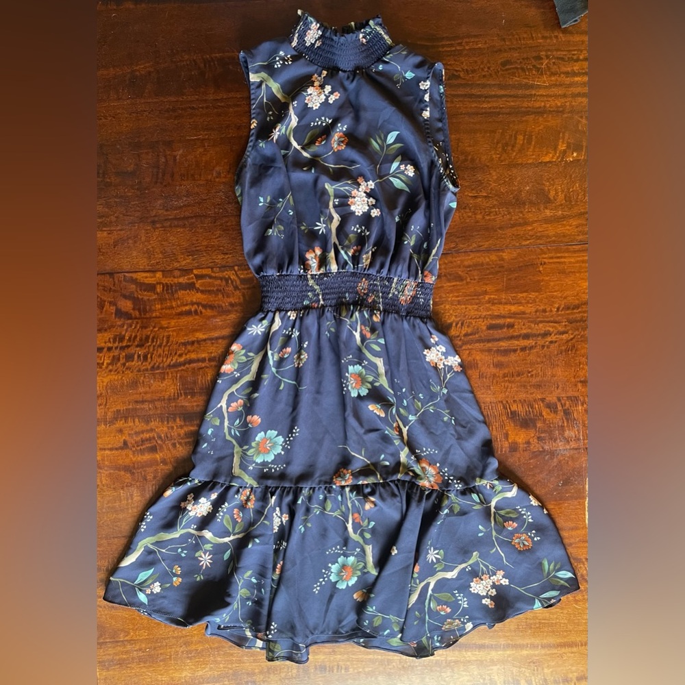 Nanette Lenore Floral Navy Shirred Waist Mock Neck Keyhole Button Tiered Dress